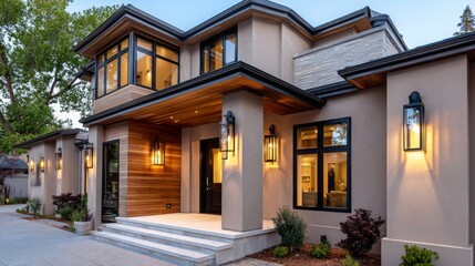 Modern home exterior with warm lighting and stylish landscaping in the evening