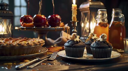 Halloween feast with caramel apples, ghost cupcakes, and apple pie creating a spooky celebration, perfect for autumnal gatherings and festive events