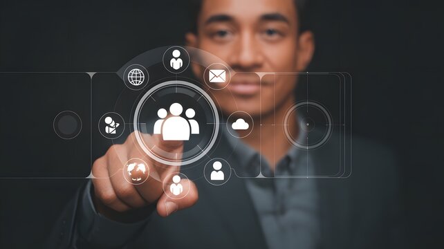 Target Audience and Digital Outreach Strategy Concept. Businessperson points at virtual interface with people icons and marketing symbols, representing audience targeting and global digital strategy.
