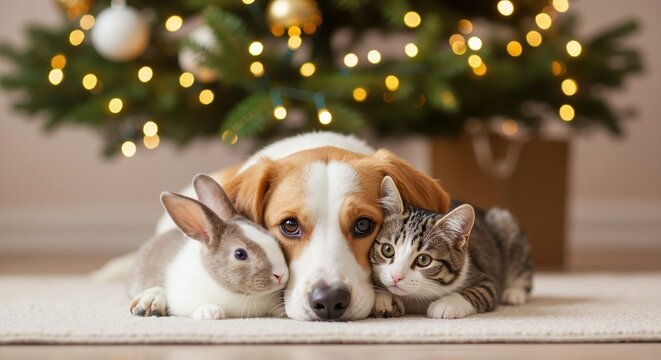 A cute dog, cat, and rabbit cuddling together in front of a Christmas tree. Unlikely animal friends celebrating the holidays. Pet friendship and togetherness concept