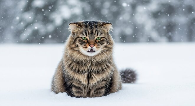 Portrait of a fluffy long-haired tabby cat in the snow. A majestic Maine Coon with green eyes braving a cold winter snowfall