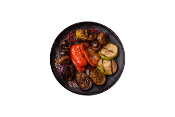 Grilled vegetables, bell peppers, mushrooms, and zucchini, a vegetarian meal. Grilled vegetables