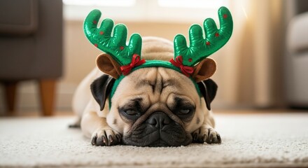 Funny pug dog wearing christmas reindeer antlers headband. Sad pet in a festive holiday costume lying on the floor at home