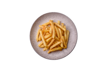 French fries are salty, crispy, and fried in oil, unhealthy takeaway food. French fries