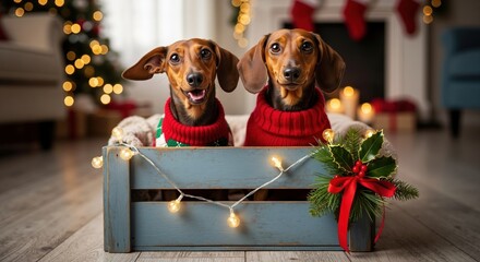 Two cute dachshund dogs in festive Christmas sweaters sitting in a wooden crate. Adorable holiday pet portrait with a cozy home background
