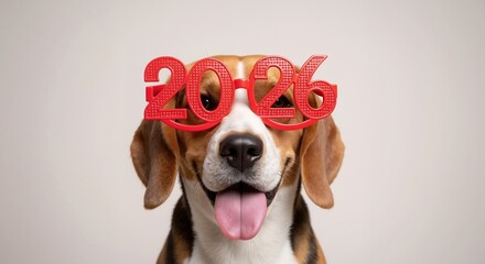 A happy beagle dog wearing funny red 2026 glasses. New Year celebration and holiday party concept. Pet portrait with copy space