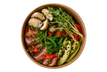 Seared tuna tataki in a bowl with sesame seeds, rice, and vegetables. Tuna tataki