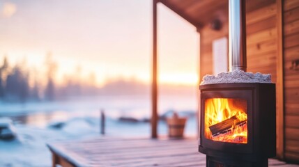 Cozy Fireplace in Winter Cabin at Sunrise, rustic ,retreat