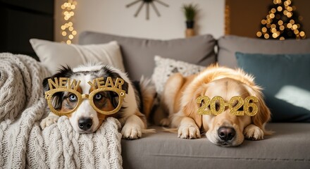 Two funny dogs celebrate New Year 2026 wearing glitter glasses. An Australian Shepherd and a Golden Retriever lying on a couch for a festive holiday party