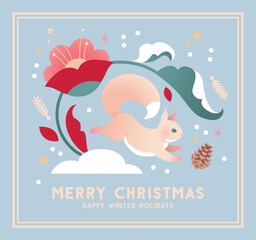 Bright Christmas illustration with cute running squirrel , decorated with flowers in flat minimalist style. Design for greeting cards, advent calendars or packaging.
