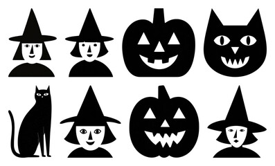 PNG Halloween silhouettes witch cat pumpkin, element set on transparent background