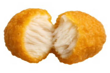 Chicken nugget half showing golden crisp breading and juicy white meat, perfect for fast food and snack themes