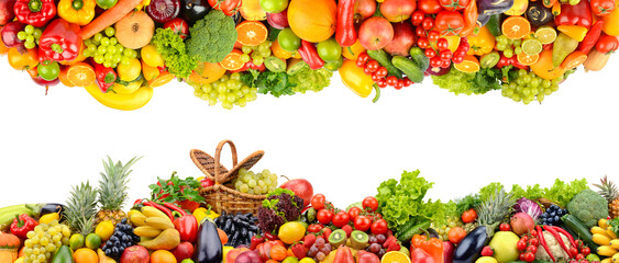 Healthy Food Frame with Fresh Fruits and Vegetables Isolated on White