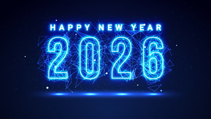 Futuristic glowing 2026 number with plexus lines and glitter particles. Happy New Year celebration greeting card in the blue neon light style