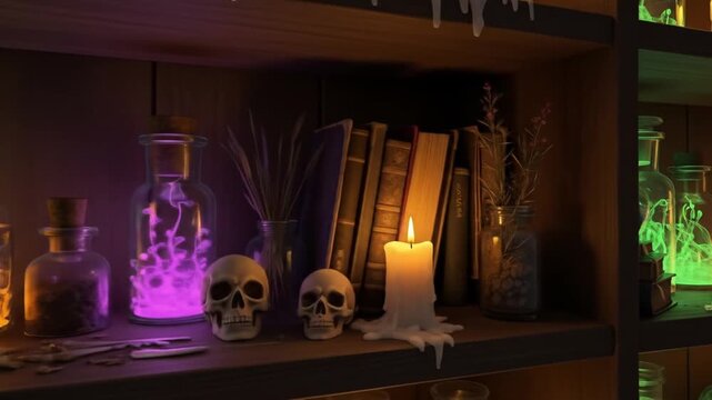 Enchanting potion bottles glowing with magical energy create a captivating, mysterious atmosphere for fantasy stories and Halloween themed events