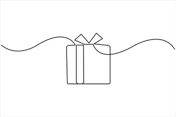 Continuous one line art drawing of present box with ribbon and bow. Gift box single line art outline vector illustration