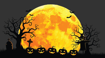 Vector art of a spooky halloween night scene featuring a large orange moon, silhouetted trees, bats, tombstones, a scarecrow, and a row of glowing jackolanterns casting an eerie glow