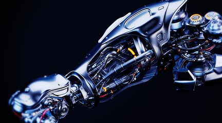 Futuristic biomechanical arm with intricate metal parts and glowing lights against dark background, representing advanced technology and innovation concept