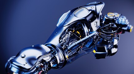 Futuristic motorcycle engine showcasing intricate design and advanced technology with metallic components and glowing elements on a sleek body