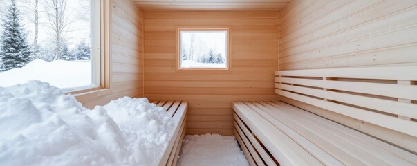 Cozy Wooden Sauna Interior with Snowy Window View, relaxation, winter