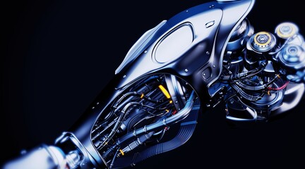 Futuristic mechanical arm with intricate wiring and glowing elements showcasing advanced technology and innovation against a dark background