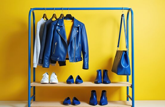Fashionable clothes on a hanger in a minimalist store rack. Blue leather jacket yellow sweater shoes and bag collection. A modern wardrobe closet organized for shopping or styling.