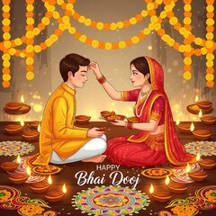 Sacred Bhai Dooj Scene Sister Performing Ritual Prayer in Front of Brother Surrounded by Bright Diyas Lotus Flowers Golden Cloth Backdrop Capturing Spiritual Light and Sibling Bond in Vibrant Colors
