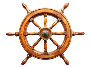 Vintage wooden ship steering wheel, with brass accents and dark polished finish, cutout, PNG isolated on white or transparent background