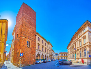 Panorama of the central district with office buildings and medieval tower in Pavia, Italy
