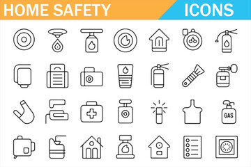 Emergency preparedness icons — clean line style home security and hazard prevention set