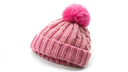 A knitted, magenta cap with a bobble, floating solo on a blank backdrop.