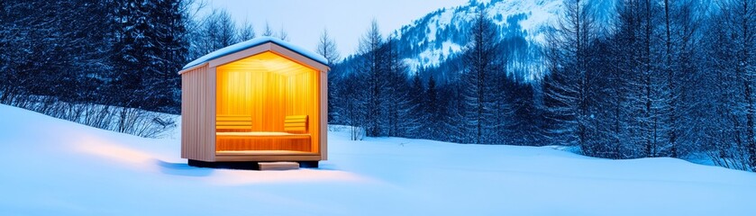 Illuminated Wooden Sauna Cabin in Snowy Winter Landscape, Spa , Wellness