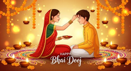 Sacred Bhai Dooj Scene Sister Performing Ritual Prayer in Front of Brother Surrounded by Bright Diyas Lotus Flowers Golden Cloth Backdrop Capturing Spiritual Light and Sibling Bond in Vibrant Colors