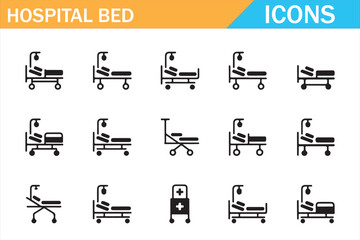 Hospital bed icons set — minimal outline medical symbols with IV stands, stretchers, and adjustable cots