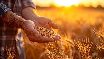 Close-up of hands holding grains with a sunset field backdrop