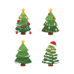 Fototapeta premium Collection of four festive cartoon Christmas trees adorned with decorations and a Santa hat on a dark background