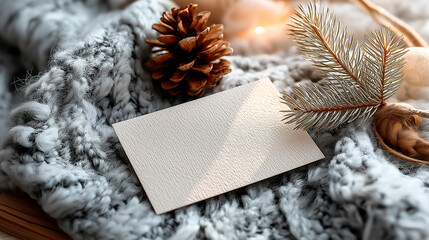 Blank card placed on cozy knitted blanket with pine cone and evergreen branch, creating a warm and inviting atmosphere for seasonal greetings or personal messages