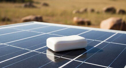 Clean Energy Future: Soap Bar on Solar Panel Promotes Green Living and Sustainable Resource Innovation, Outdoor Shot.