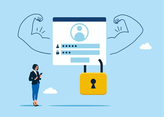 Account doing strong gesture. Strong password, security, privacy. Vector flat illustration © Vadym