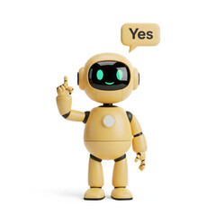 Friendly yellow robot character with a speech bubble saying yes giving a thumbs up gesture isolated on white background