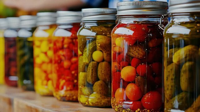 Row of pickled jars, diverse colors, on wooden surface