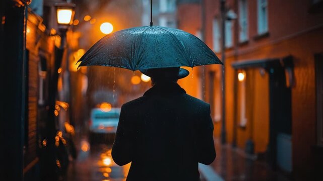 Rain-soaked figure walks street under umbrella at night