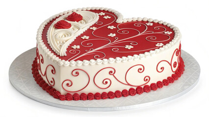 A heart shaped cake with red and white frosting and floral decorations on a white plate surface