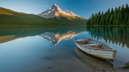 Obraz premium Serene lake scenery with mountain reflection and wooden boat tranquility