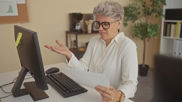 Woman with short hair and glasses wearing white shirt holds paper with hand to forehead in office building; stress confusion frustration anxiety.