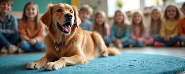 Golden retriever dog rests on rug with children sitting around in classroom. Kids happy, attentive, engage with furry friend. Dog provides comfort, companionship, joy for youth learning.