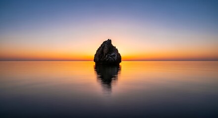 Serene seascape featuring a solitary rock formation at sunrise, creating a tranquil and visually captivating nature landscape.