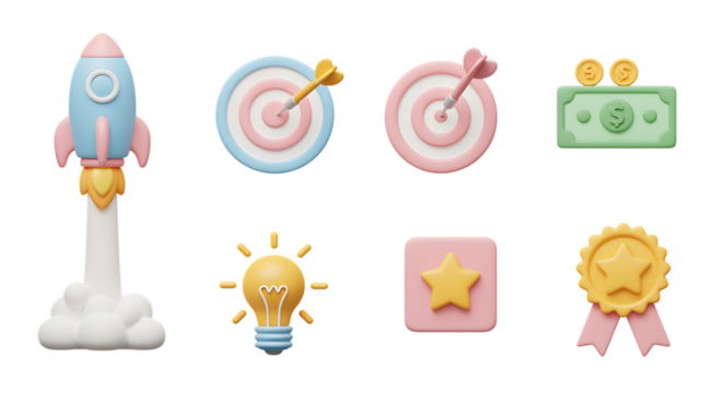 Conceptual 3D render set for business startup and success symbols