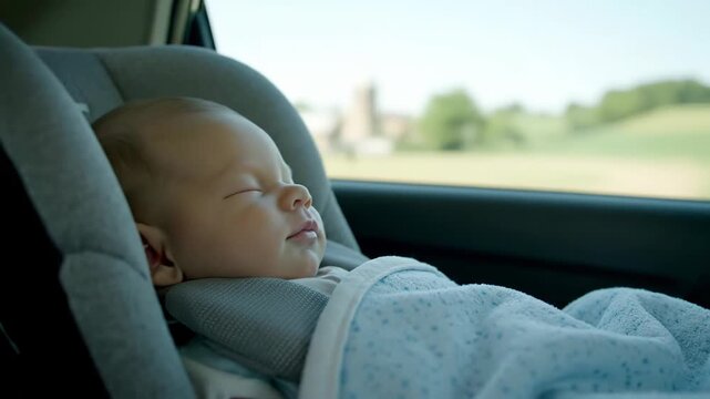 Beautiful infant peacefully asleep in a cozy car seat during a relaxing journey. Safe and comfortable travels with a precious newborn peacefully dreaming on the go