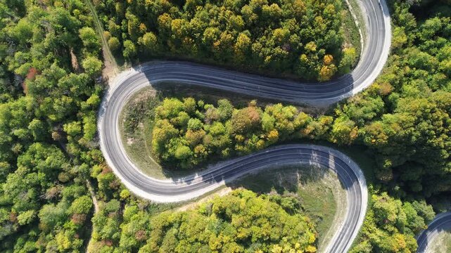 The colors of the tree leaves in the mountains in autumn and the winding, dangerous road. 
